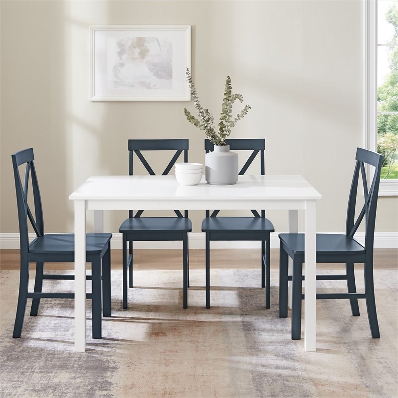 5-Piece Solid Wood Farmhouse Dining Set in White/Navy