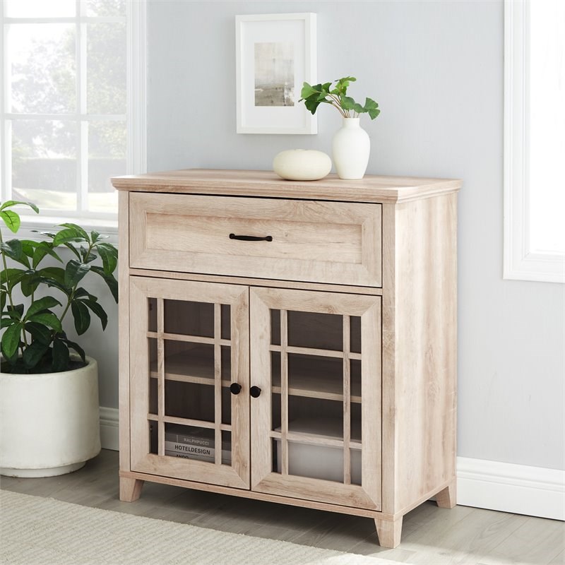 Classic Detailed Glass Double Door Accent Cabinet in White Oak