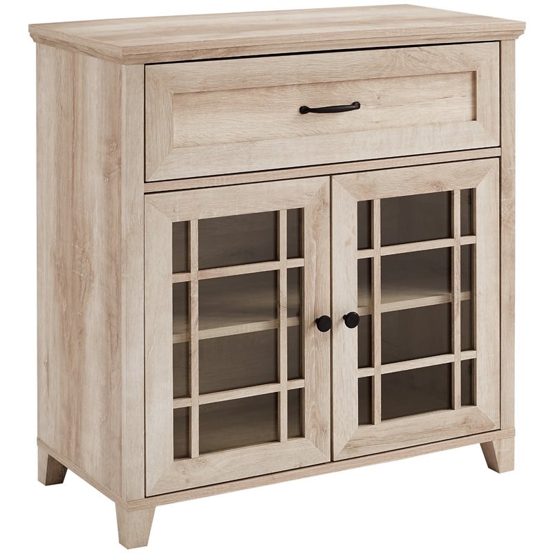 Classic Detailed Glass Double Door Accent Cabinet in White Oak