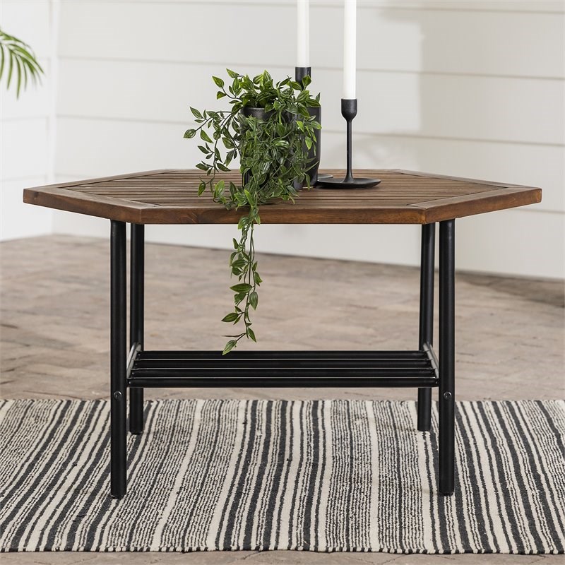 Pearson Modern Wood and Metal Outdoor Hexagon Coffee Table in Dark Brown