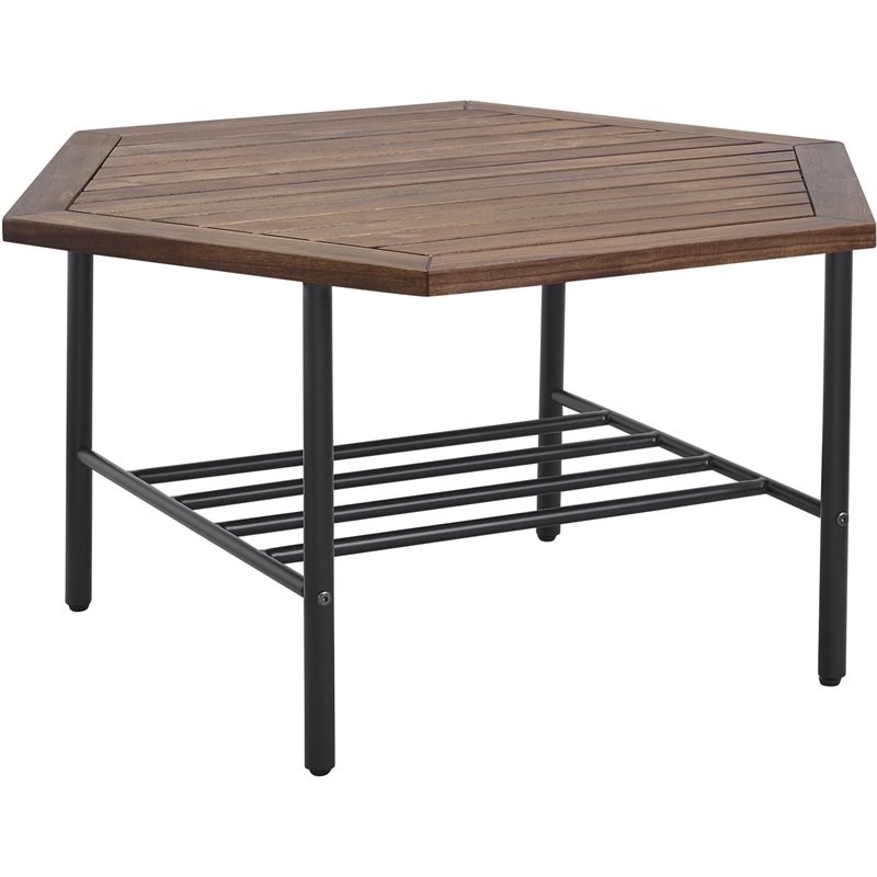 Pearson Modern Wood and Metal Outdoor Hexagon Coffee Table in Dark Brown