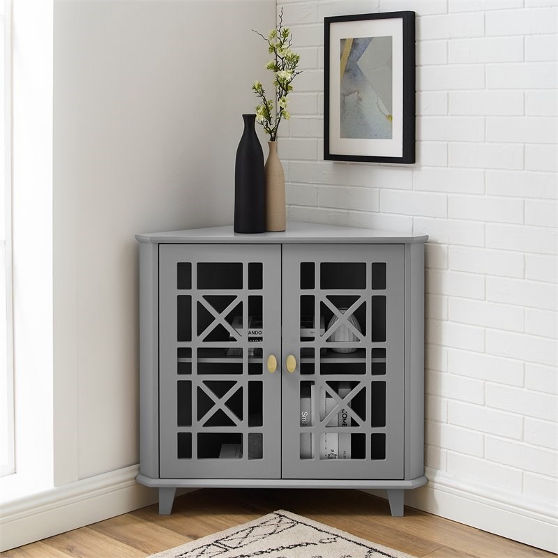 Gwen Fretwork Corner Accent Cabinet with 1-Adjustable Shelf in Gray
