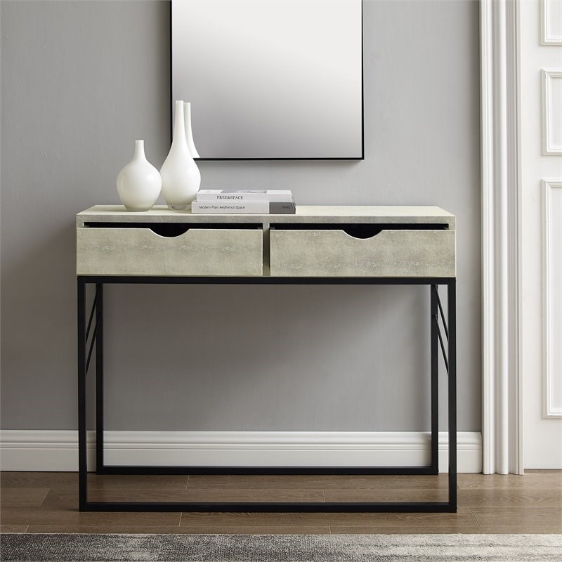 Modern Glam 2-Drawer Faux Shagreen Entry Table in Off White
