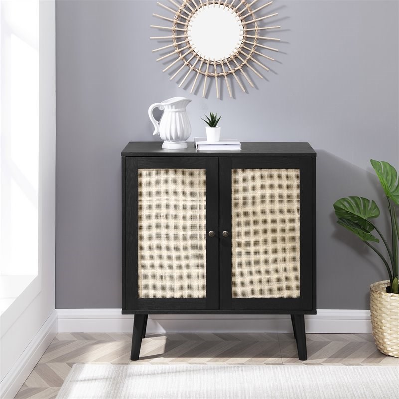 Boho 2-Door Solid Wood and Rattan Accent Cabinet in Black
