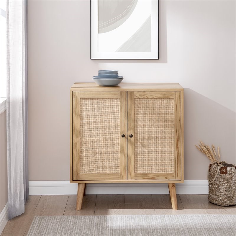Boho 2-Door Solid Wood and Rattan Accent Cabinet in Natural