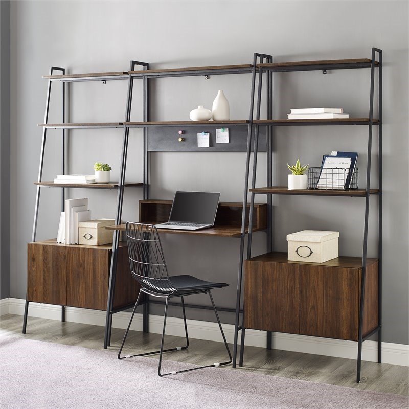 3-Piece Metal and Wood Ladder Desk with Storage Shelves in Dark Walnut