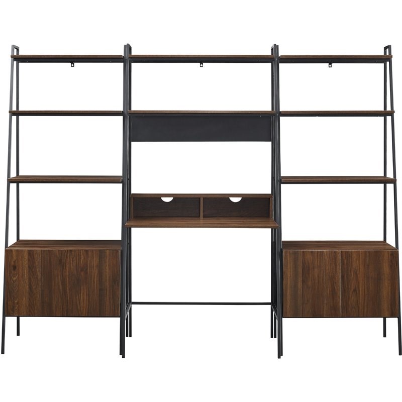 3-Piece Metal and Wood Ladder Desk with Storage Shelves in Dark Walnut