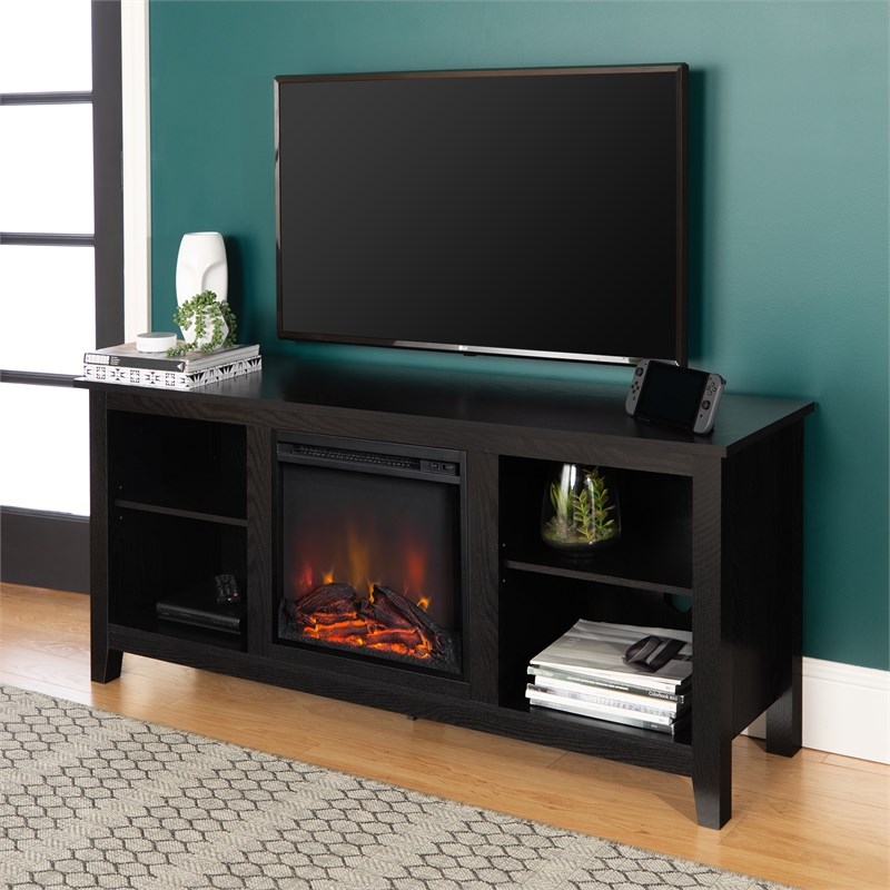 58" rustic wood tv stand with fireplace in black - w58fp18bl