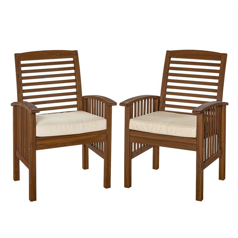 Acacia wood Patio Chairs with Cushions in Dark Brown Set of 2