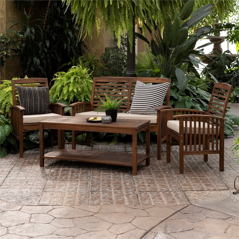 4 Piece Acacia wood Patio Conversation Set in Dark brown | Homesquare