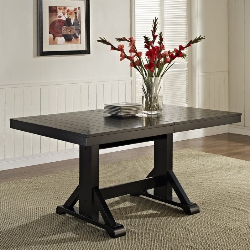 Extendable Trestle Wood Dining Table in Antique Black