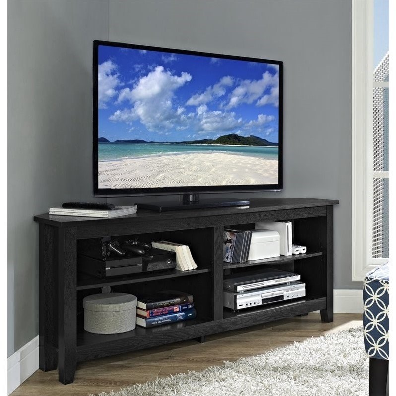 58" wood corner tv stand in black w58ccrbl