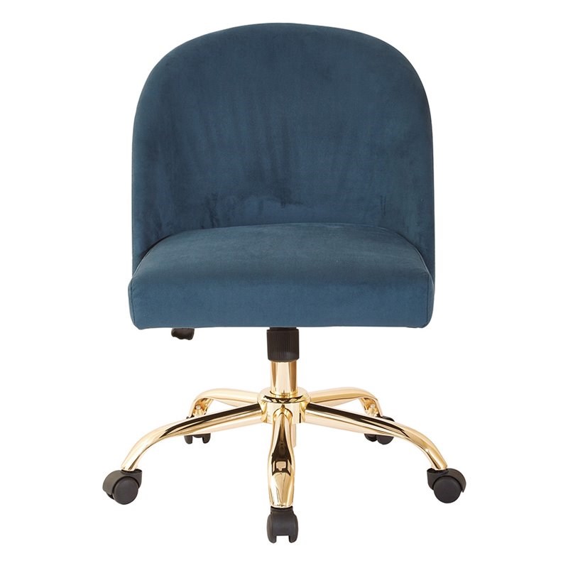layton mid back office chair in azure blue velvet with gold finish base