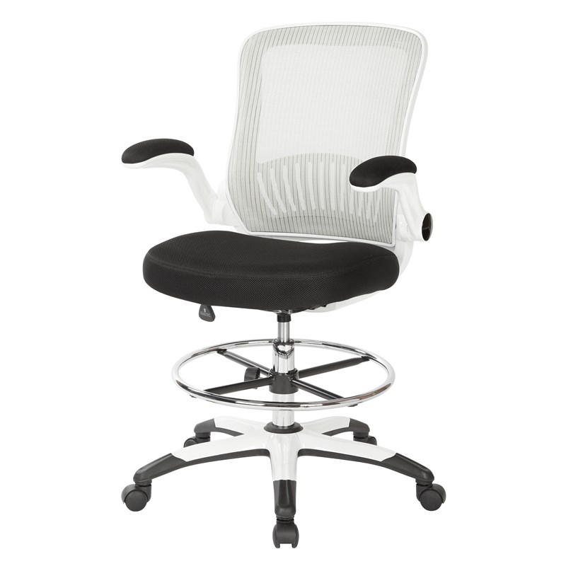 White Mesh Back Drafting Chair with Black Fabric Seat and Adjustable Footring