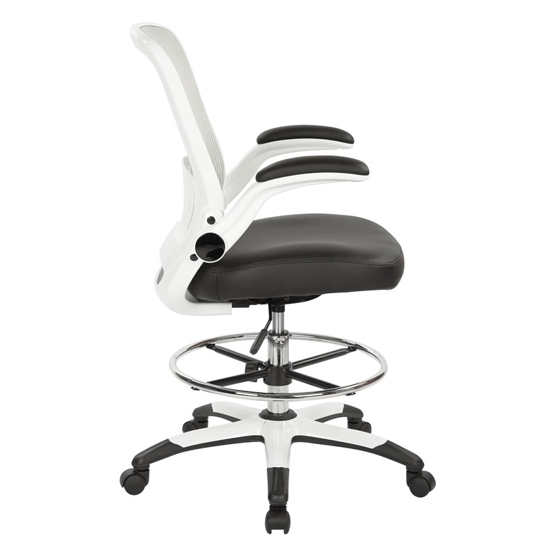 White Mesh Back Drafting Chair with Black Faux Leather Seat Adjustable Footring