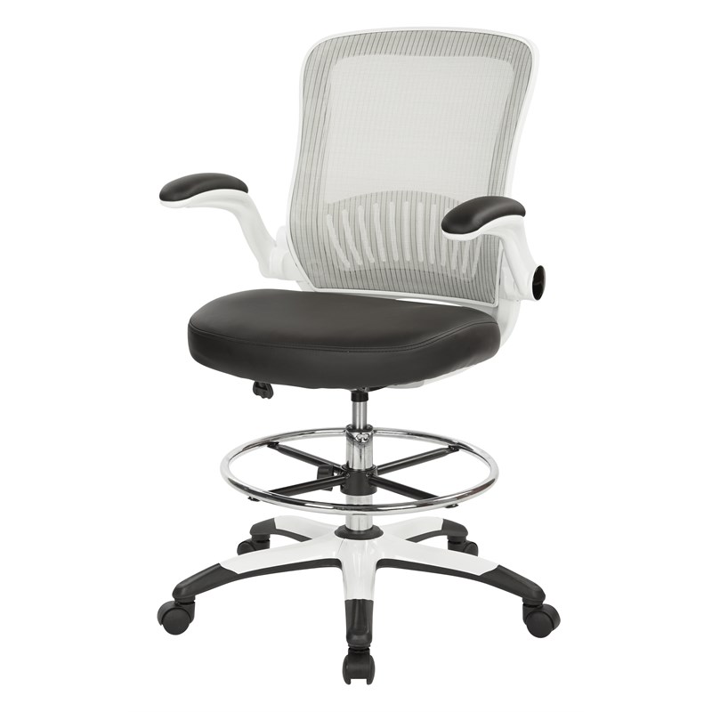 White Mesh Back Drafting Chair with Black Faux Leather Seat Adjustable Footring