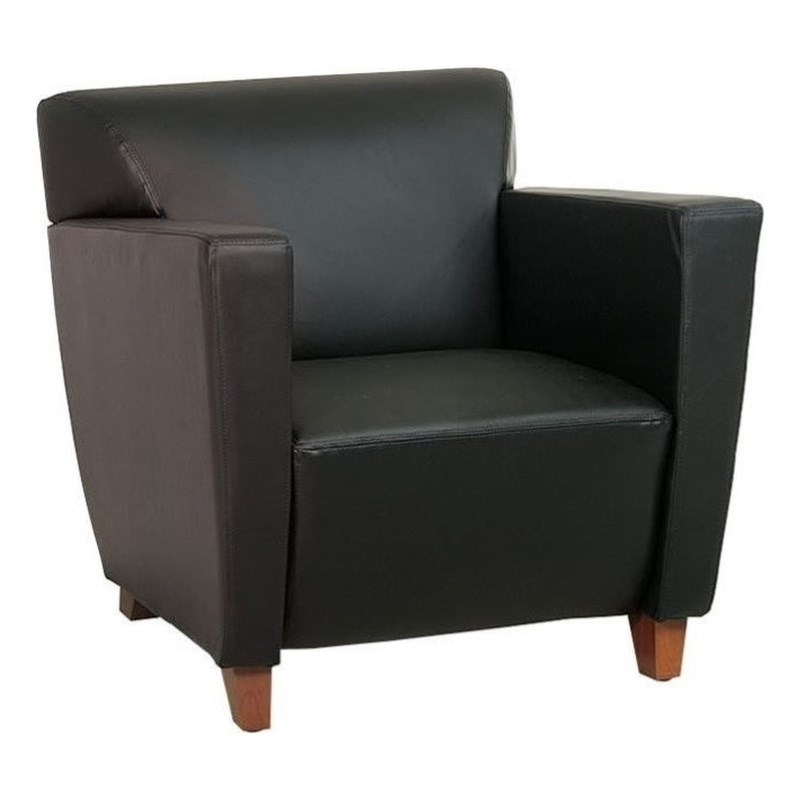 Black Bonded Leather Club Chair With Cherry Finish.