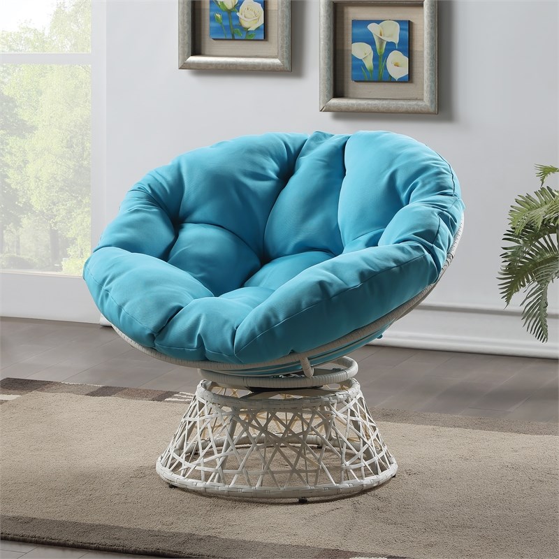 Papasan Chair with Blue Round Fabric Pillow Cushion and Cream Wicker Weave