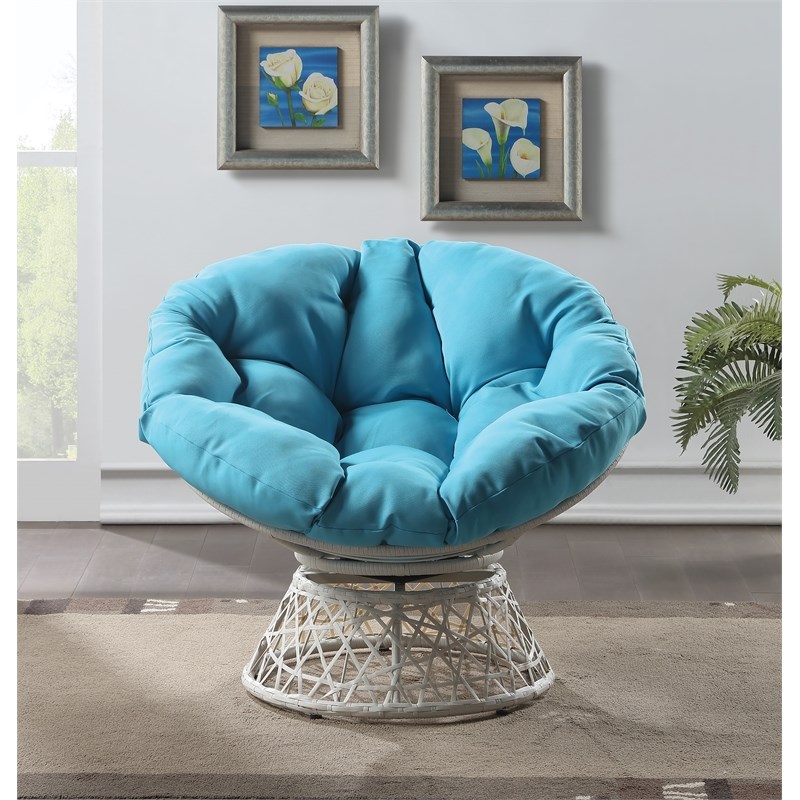 Papasan Chair with Blue Round Fabric Pillow Cushion and Cream Wicker Weave