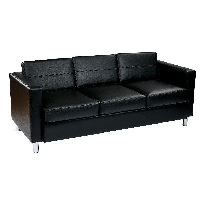 Pacific Black Faux Leather Sofa Couch with Box Spring Seat and Silver Color Legs