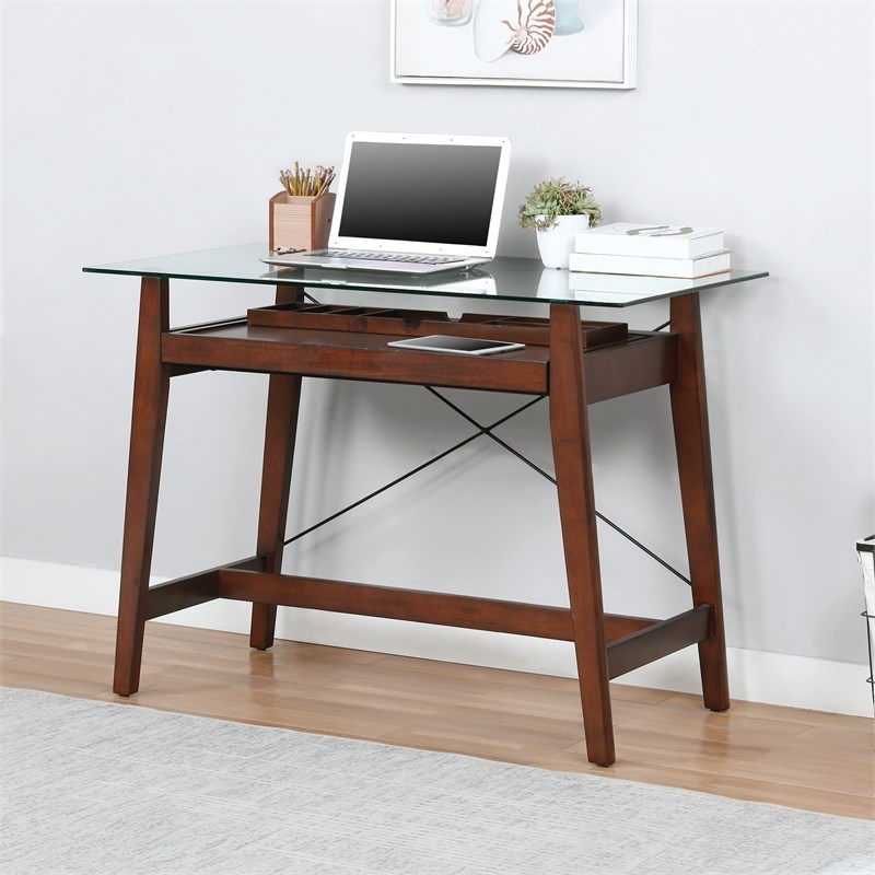 Tribeca 42 inch Tool-Less Computer Desk in Espresso Wood with Glass Desk Top