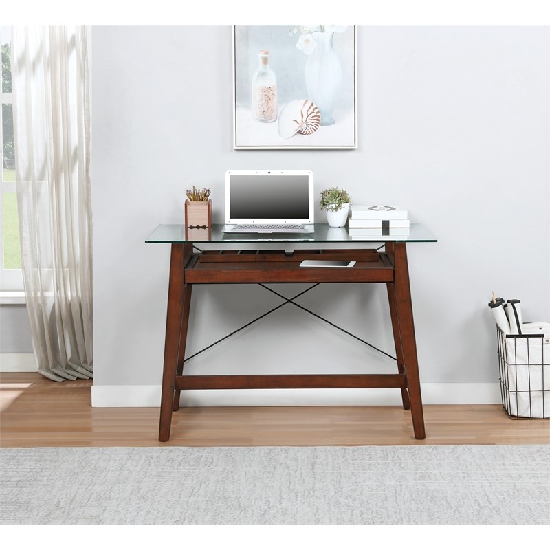 Tribeca 42 inch Tool-Less Computer Desk in Espresso Wood with Glass Desk Top