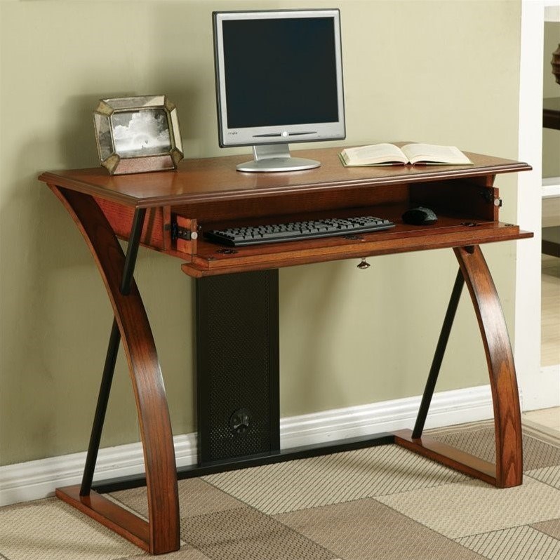 Aurora Computer Desk in Medium Brown Oak with Black Accents in Engineered Wood