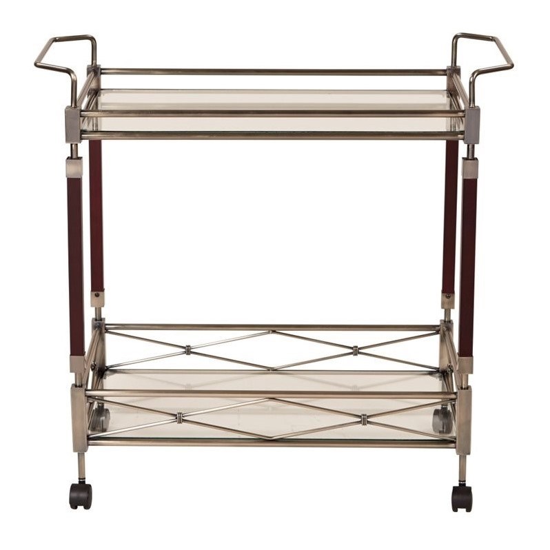 Melrose Serving Cart with Clear Tempered Glass and Nickel Brush Frame
