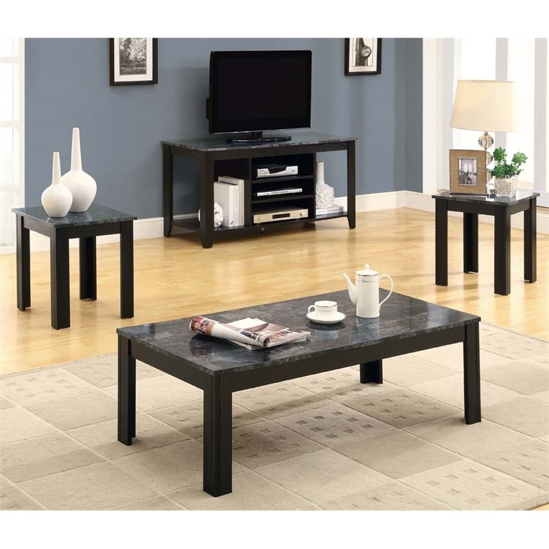 Monarch 3 Piece Faux Marble Top Coffee Table Set in Black and Gray