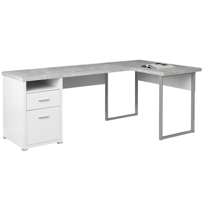 Monarch L Shaped Corner Computer Desk in White and Gray Cement