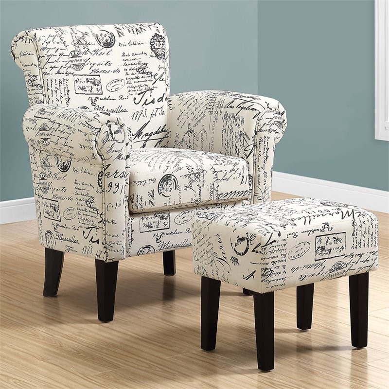Monarch Fabric Script Accent Chair in Off White and Black French