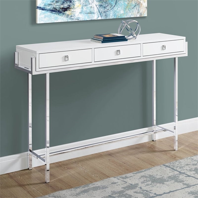 Monarch 3 Drawer Accent Console Table in White and Chrome