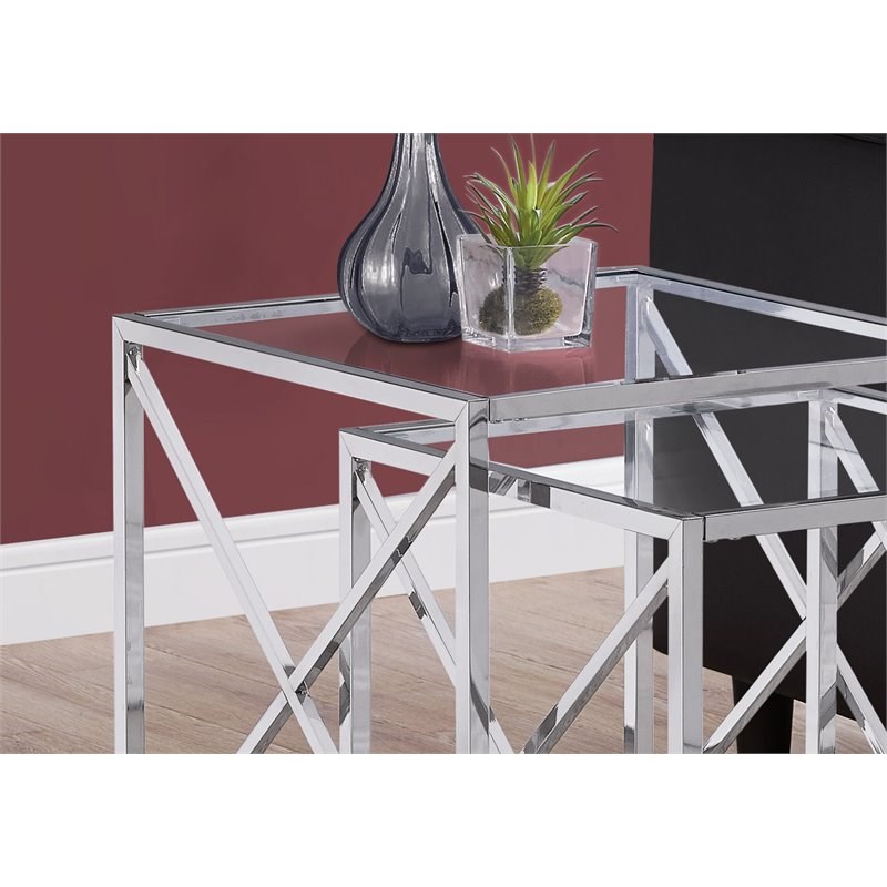 Monarch 2 Piece Glass Top Accent Nesting End Table Set in Chrome