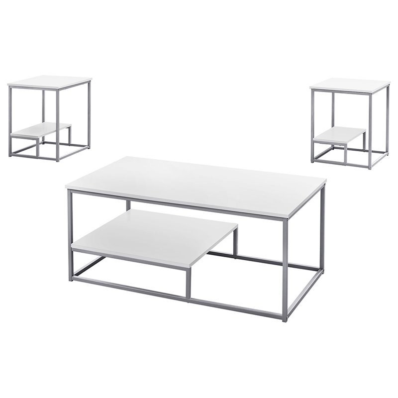 Monarch 3 Piece Coffee Table Set in White and Silver