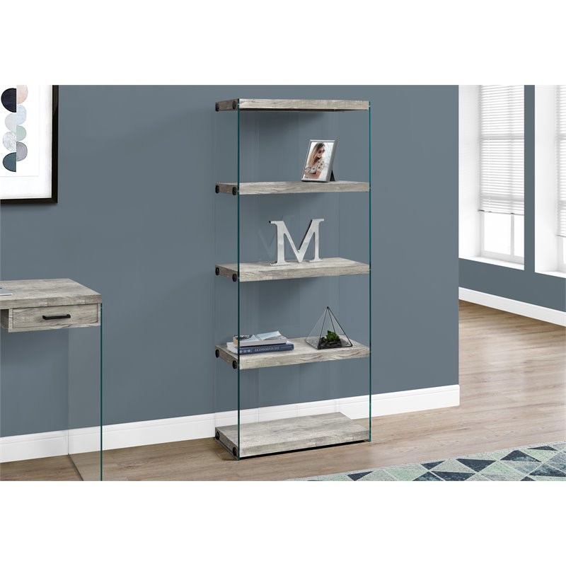 Monarch 4 Shelf 60 Contemporary Glass Panel Side Bookcase In Gray Homesquare