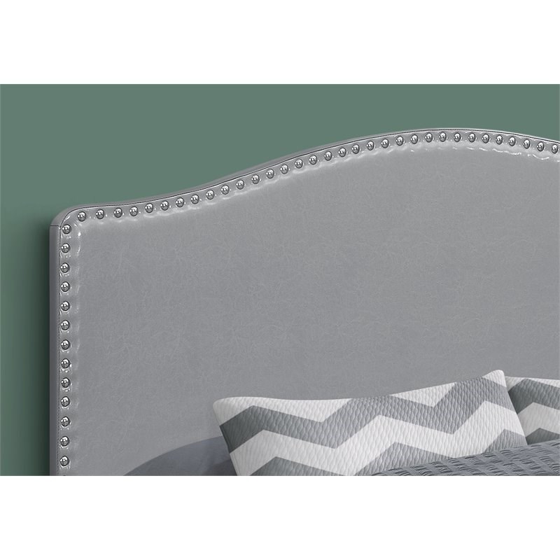 Monarch Queen Faux Leather Nailhead Trim Upholstered Panel Headboard in Gray