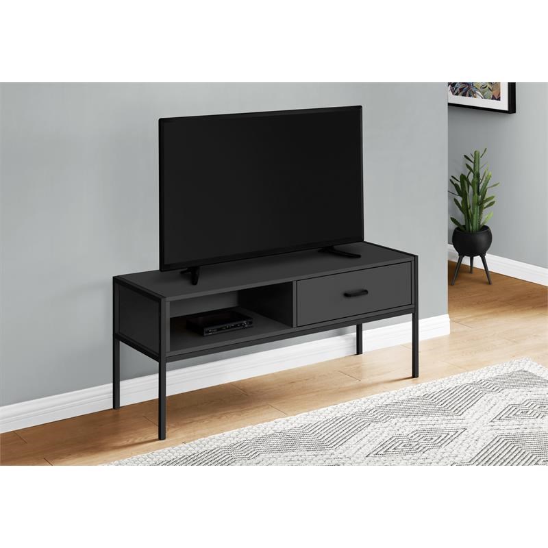 Monarch Specialties 1-Drawer Modern Metal TV Stand with Open Shelf in Black