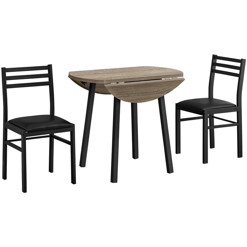Monarch 3 Piece Round Wood Top Drop Leaf Dining Set in Dark Taupe and Black