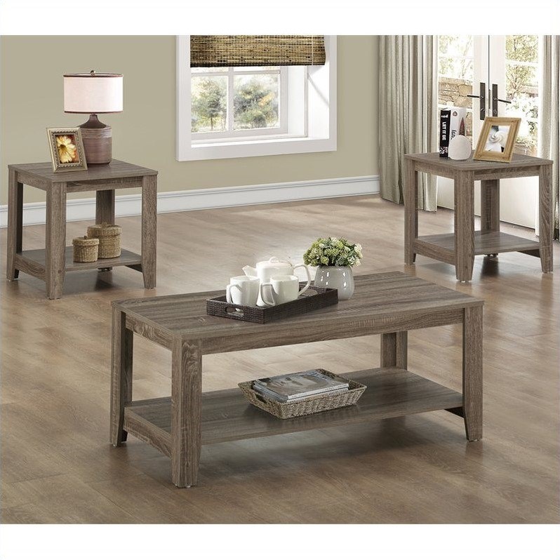 Monarch 3 Piece Coffee Table Set with Bottom Shelves in Dark Taupe