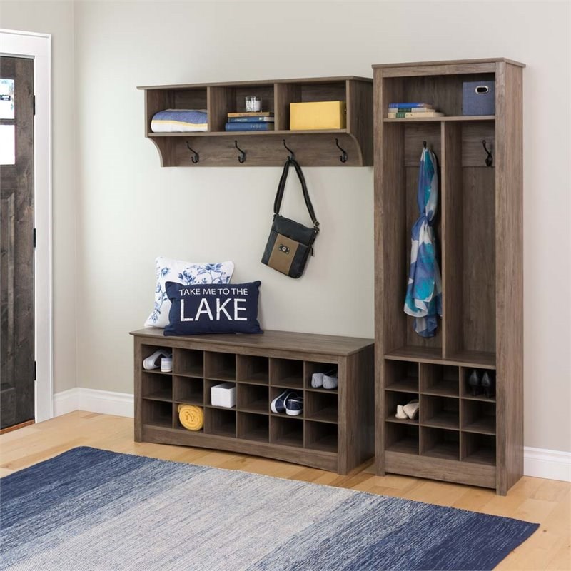 Prepac 18 Cubby Shoe Storage Bench in Drifted Gray