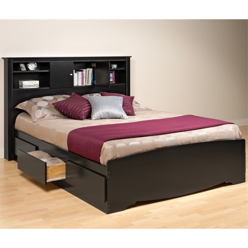 Prepac Sonoma Queen Platform Storage, Black Bookshelf Headboard Full Size Bed With Storage
