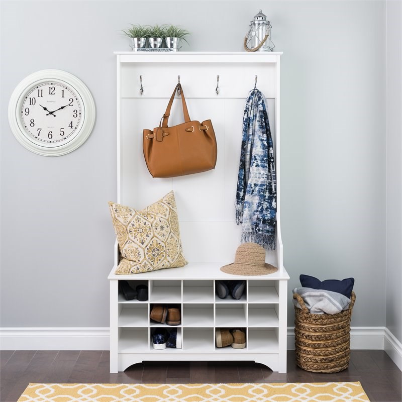 Prepac Hall Tree with Shoe Storage in White Homesquare