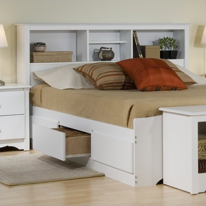 Prepac Monterey White Queen Wood Platform Storage Bed 4 Piece Bedroom Set