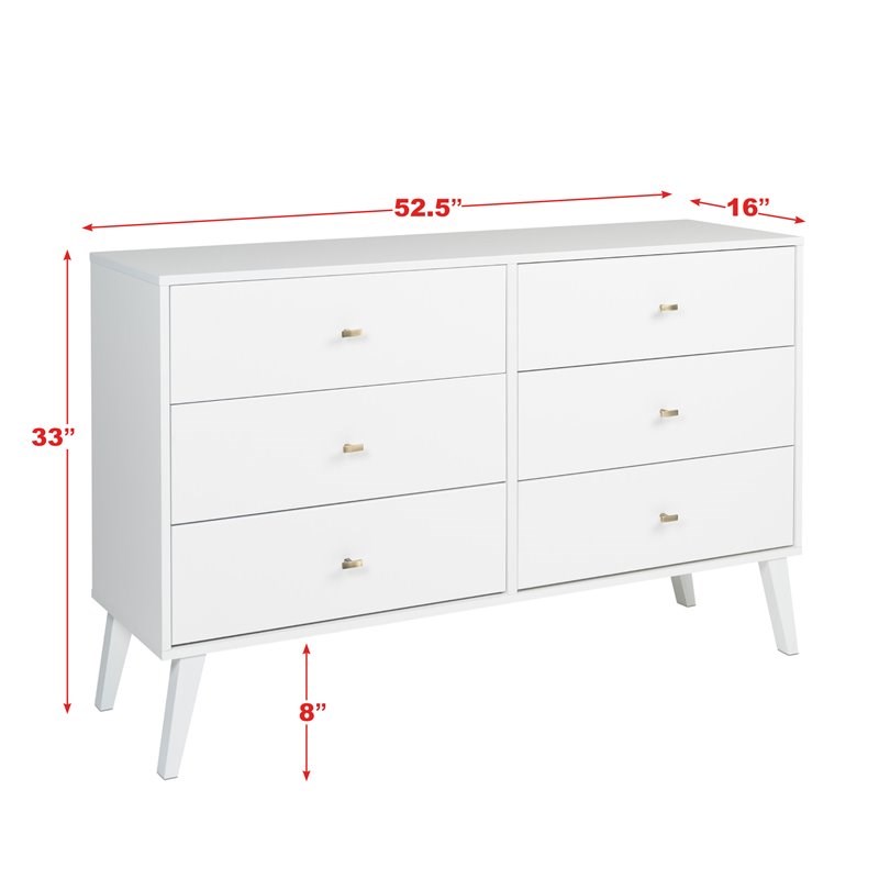 Prepac Milo Mid Century Modern 6 Drawer Double Dresser in White