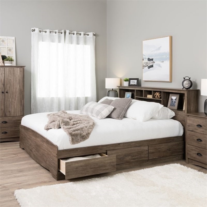 Prepac Salt Spring King Platform Storage Bed with 6 Drawers in Drifted Gray