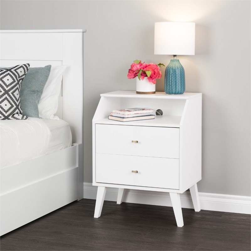 Prepac Milo Mid Century Modern 2 Drawer Nightstand with Cubby in White