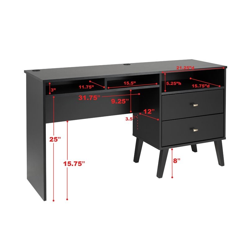 Prepac Milo Computer Desk with Side Storage and 2 Drawers in Black