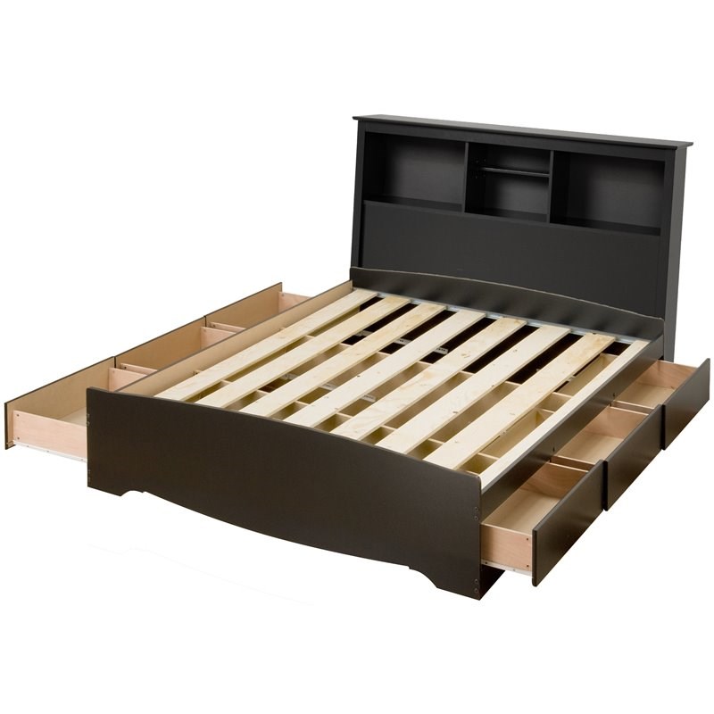 Bookcase Platform Storage Bed In Black, Black Wood Queen Bed Frame
