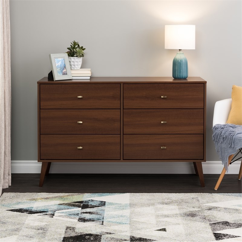 Prepac Milo 6 Drawer Mid Century Modern Dresser in Cherry | Homesquare