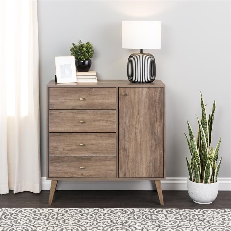 Prepac Milo Mid Century Modern 4-Drawer Chest with Door-Drifted Gray ...